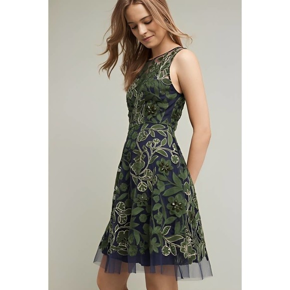 Anthropologie Pankaj & Nidhi Embroidered Fern Dress Size 2 Floral Sleeveless